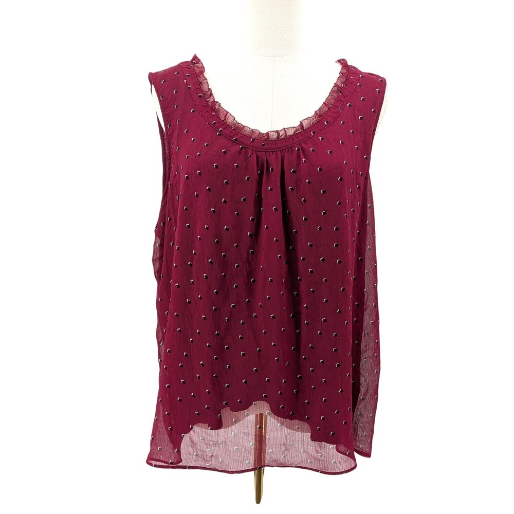Berrysqrs‎ Burgundy Sheer Ruffle Collar Sleeveless Blouse Size M Boho Romantic